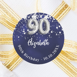 90歳の誕生日ネイビー・ブルー・シルバー・スターズ ラウンドシール