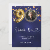 90歳の誕生日ネイビー・ブルー・金ゴールド・スターズ写真 サンキューカード (正面)