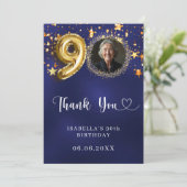 90歳の誕生日ネイビー・ブルー・金ゴールド・スターズ写真 サンキューカード (スタンド正面)