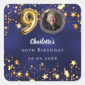 90歳の誕生日ネイビー・ブルー・金ゴールド・スターズ写真 スクエアシール (正面)