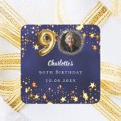 90歳の誕生日ネイビー・ブルー・金ゴールド・スターズ写真 スクエアシール