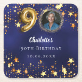 90歳の誕生日ネイビー・ブルー・金ゴールド・スターズ写真 スクエアペーパーコースター (正面)