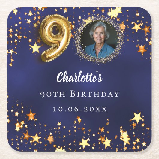 90歳の誕生日ネイビー・ブルー・金ゴールド・スターズ写真 スクエアペーパーコースター (正面)