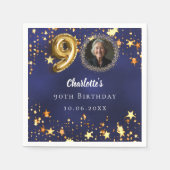 90歳の誕生日ネイビー・ブルー・金ゴールド・スターズ写真 スタンダードカクテルナプキン (正面)