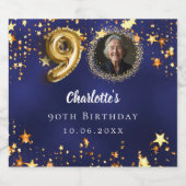90歳の誕生日ネイビー・ブルー・金ゴールド・スターズ写真 スパークリングワインラベル (シングルラベル)