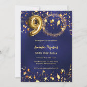90歳の誕生日ネイビー・ブルー・金ゴールド・スターズ写真 招待状 (正面)