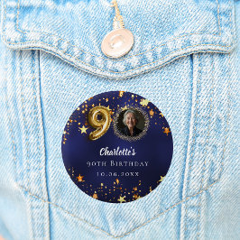 90歳の誕生日ネイビー・ブルー・金ゴールド・スターズ写真 缶バッジ