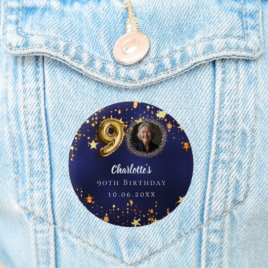 90歳の誕生日ネイビー・ブルー・金ゴールド・スターズ写真 缶バッジ