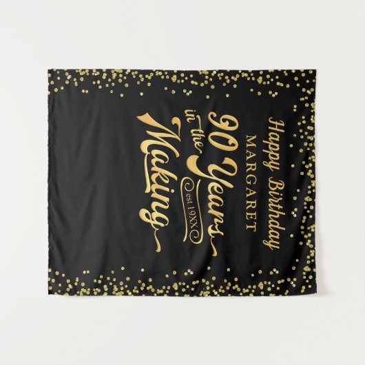90歳の誕生日バックドロップ 黒金コンフェッティ タペストリー (正面(横))