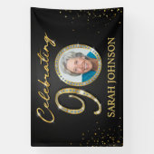 90歳の誕生日バナー ブラックゴールド カスタムフォト 横断幕 (縦)