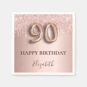 90歳の誕生日バラ金ゴールドグリッターピンクバルーンスタイル スタンダードカクテルナプキン (正面)