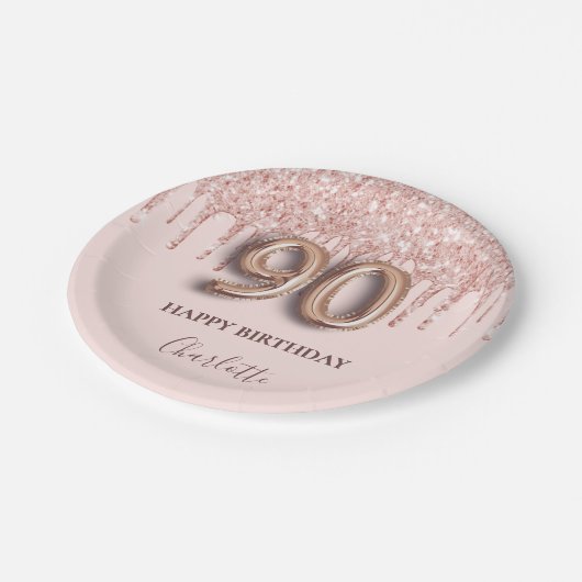 90歳の誕生日バラ金ゴールドグリッターピンクバルーンスタイル ペーパープレート (アングル)
