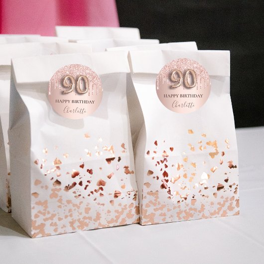 90歳の誕生日バラ金ゴールドグリッターピンクバルーンスタイル ラウンドシール