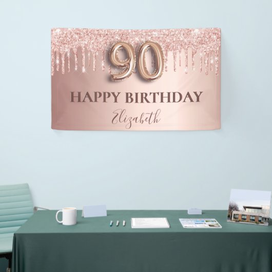 90歳の誕生日バラ金ゴールドグリッターピンクバルーンスタイル 横断幕 (トレードショー)