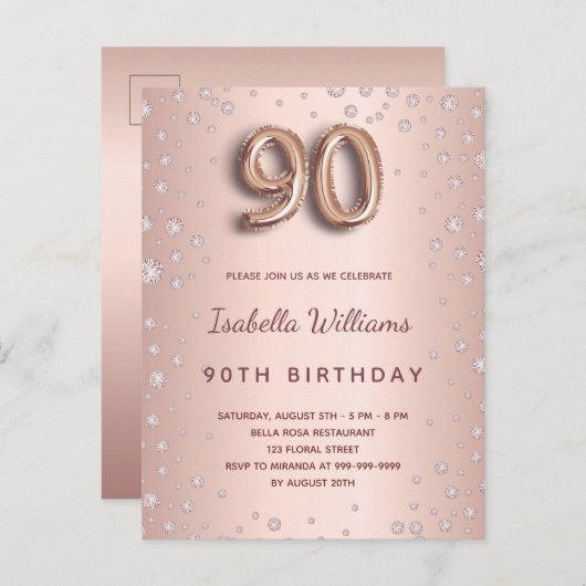 90歳の誕生日バラ金ゴールドディアモンバルーンスクリプト ポストカード (正面/裏面)