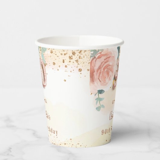 90歳の誕生日バラ金ゴールドフローラグリッターゴールデンネーム 紙コップ (左)