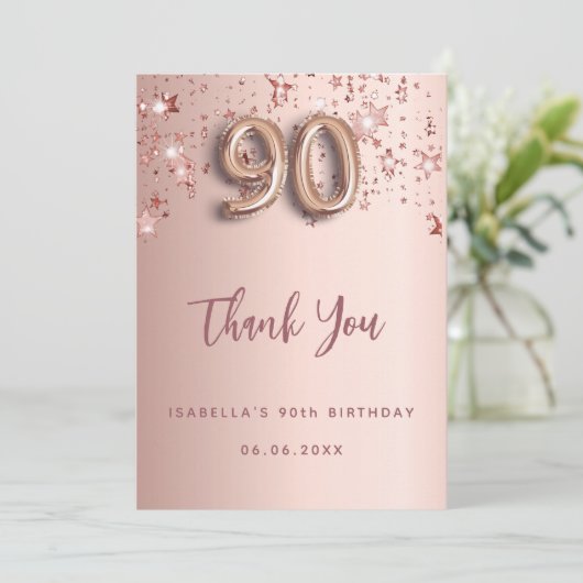 90歳の誕生日バラ金ゴールド星サンキューカード 招待状 (スタンド正面)