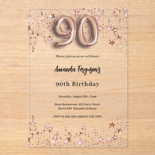 90歳の誕生日バラ金ゴールド星澄んパーティー アクリル招待状 (正面)