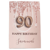 90歳の誕生日バラ金ゴールド赤面グリッタードライブ名 ミディアムペーパーバッグ (正面)