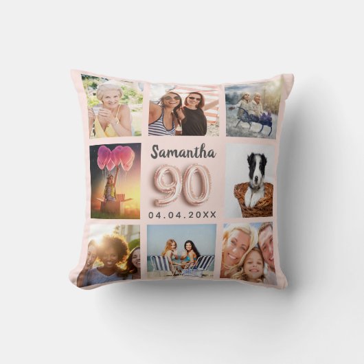 90歳の誕生日バラ金ゴールド赤面ピンク写真コラージュ クッション (正面)