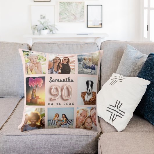 90歳の誕生日バラ金ゴールド赤面ピンク写真コラージュ クッション