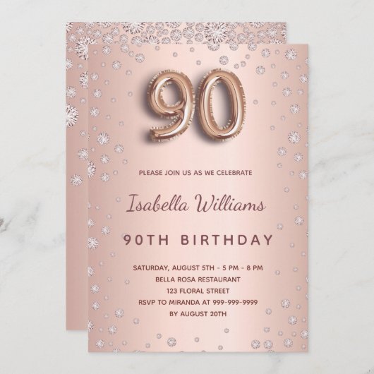 90歳の誕生日バラ金ゴールド赤面 招待状 (正面/裏面)