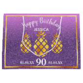 90歳の誕生日パイナップルパープルピンクグリッター名 ラージペーパーバッグ (正面)