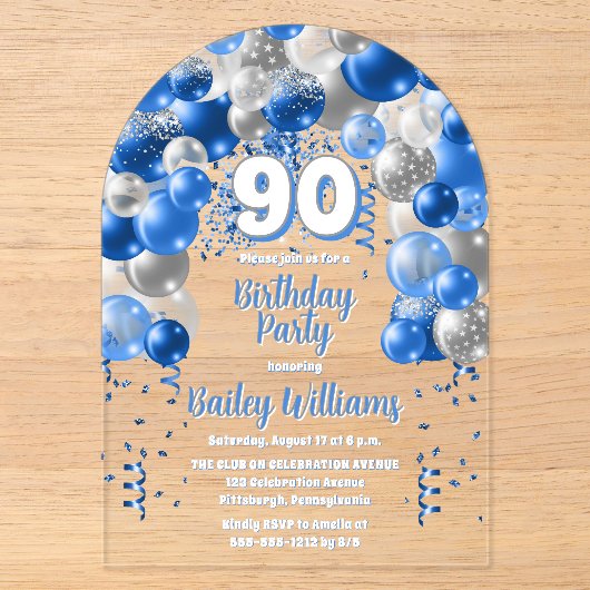 90歳の誕生日パーティーのブルー祝祭バルーン アクリル招待状 (正面)