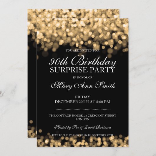 90歳の誕生日パーティーの金ゴールド灯 招待状 (正面/裏面)
