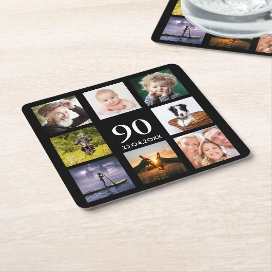 90歳の誕生日パーティー写真コラージュ男ブラック スクエアペーパーコースター (アングル)