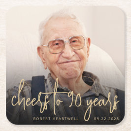 90歳の誕生日パーティー写真チーズ ゴールドスクリプト スクエアペーパーコースター