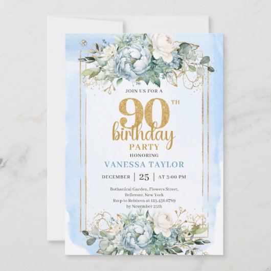 90歳の誕生日パーティー招待状 エレガントなダスティーブルー 招待状 (正面)