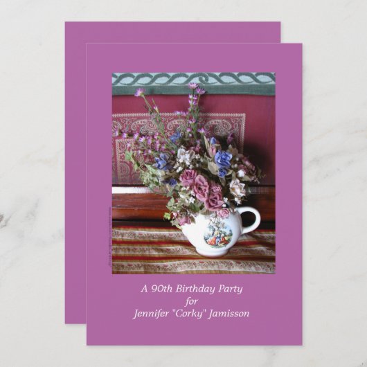 90歳の誕生日パーティー招待状、花を入れたティーポット 招待状 (正面/裏面)