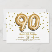 90歳の誕生日パーティー用のゴールドバルーンと紙吹雪90個 招待状 (正面)