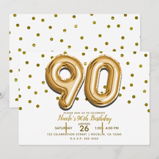 90歳の誕生日パーティー用のゴールドバルーンと紙吹雪90個 招待状 (正面/裏面)