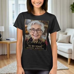 90歳の誕生日パーティー記念写真入りエレガントなブラック&ゴールドフォトTシャツ Tシャツ