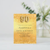90歳の誕生日パーティー金ゴールドグリッター インビテーションポストカード (スタンド正面)