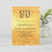90歳の誕生日パーティー金ゴールドグリッター 招待状 (スタンド正面)