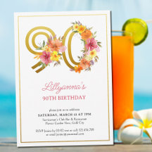 90歳の誕生日パーティー おしゃれな花とゴールドの数字 90