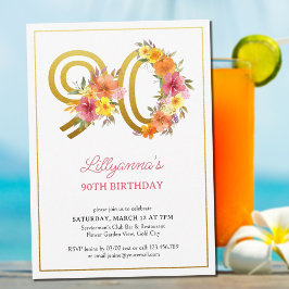 90歳の誕生日パーティー おしゃれな花とゴールドの数字 90 招待状