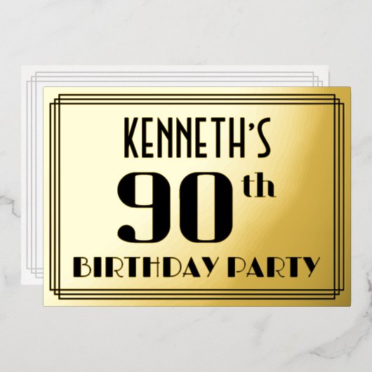 90歳の誕生日パーティー: アールデコ調「90」と名前 箔招待状 (正面/裏面)
