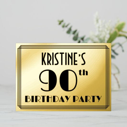 90歳の誕生日パーティー - アールデコ調「90」+名前 箔招待状 (立ち正面)
