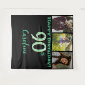 90歳の誕生日パーティー、グリーングリッター&3枚の写真 タペストリー (正面(横))