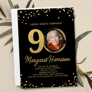 90歳の誕生日パーティー ゴールドグリッターコンフェッティ フォト 招待状