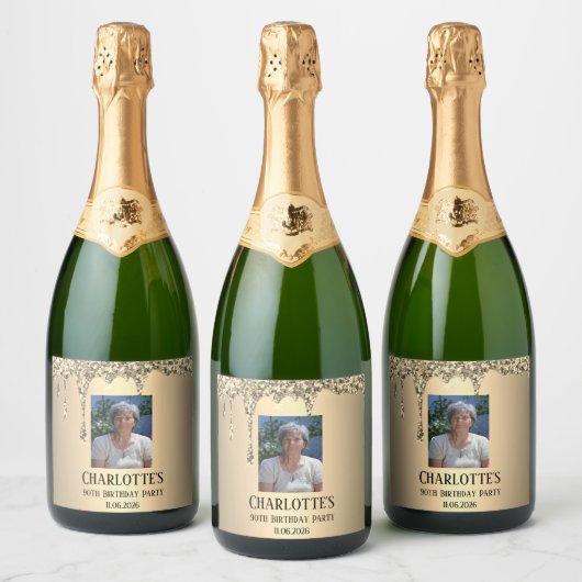 90歳の誕生日パーティー ゴールド スパークリングワインラベル (ボトル)