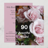90歳の誕生日パーティー - ピンクのバラの花束 招待状 (正面/裏面)