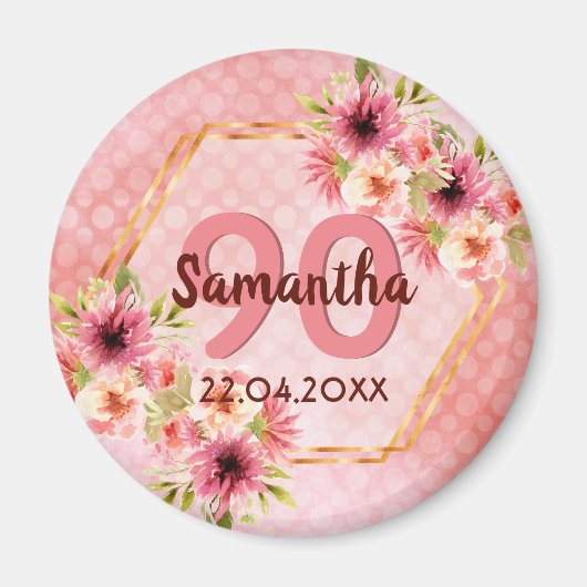 90歳の誕生日パーティー ピンクの花の救いの日 マグネット (正面)