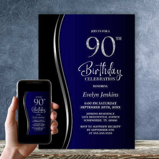 90歳の誕生日パーティー ブラック&ブルー 招待状