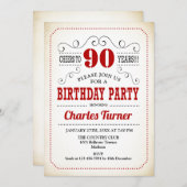 90歳の誕生日パーティー - レトロなクリーミーな白と赤 招待状 (正面/裏面)