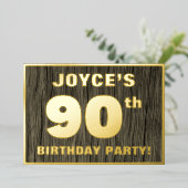 90歳の誕生日パーティー:大胆なフェイク木目柄 箔招待状 (立ち正面)
